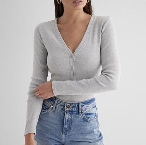 Express Ribbed Fitted V-Neck Henley Bodysuit Gray XS